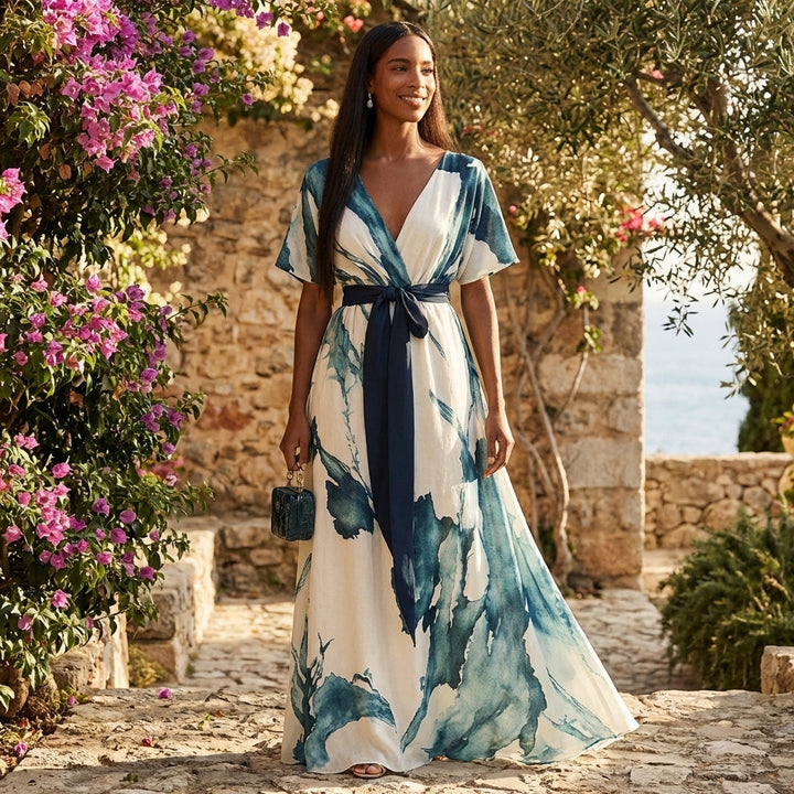 Nayla | Vestido Largo Cruzado Acuarela Mujer Elegante
