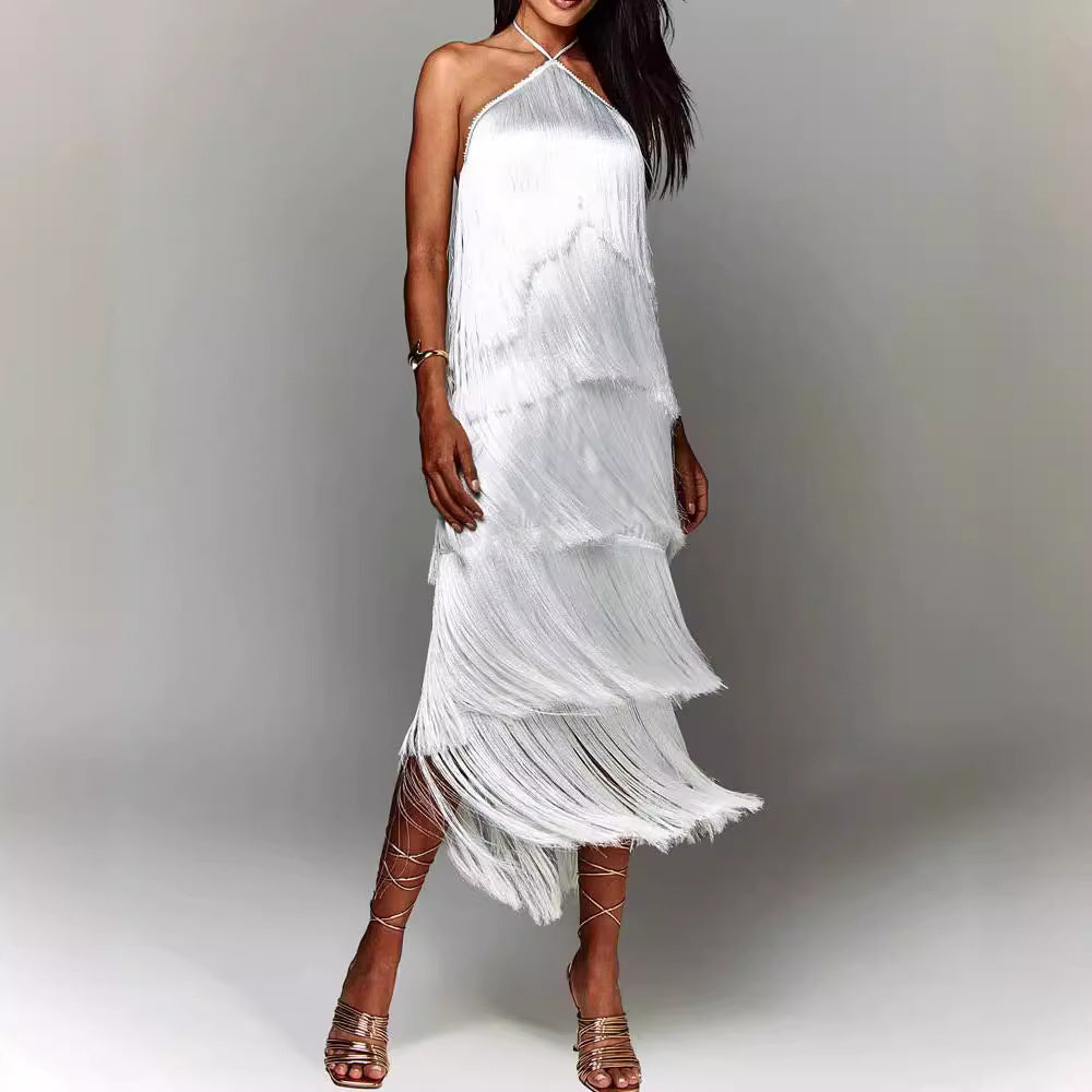 Adeline - Vestido halter de borlas con espalda descubierta