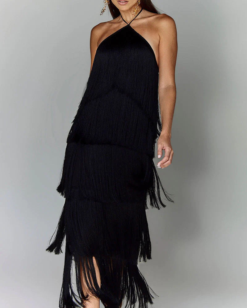 Adeline - Vestido halter de borlas con espalda descubierta