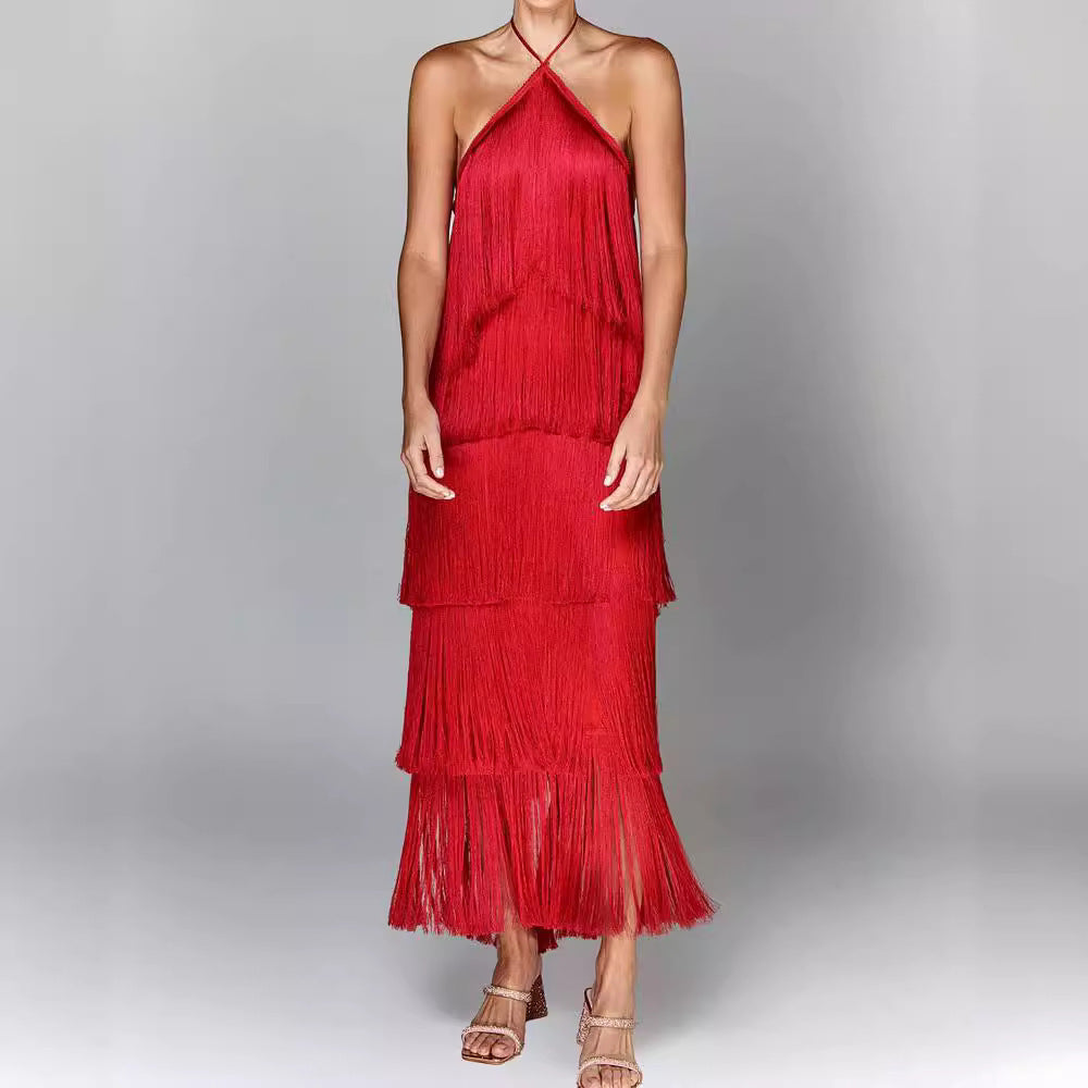 Adeline - Vestido halter de borlas con espalda descubierta