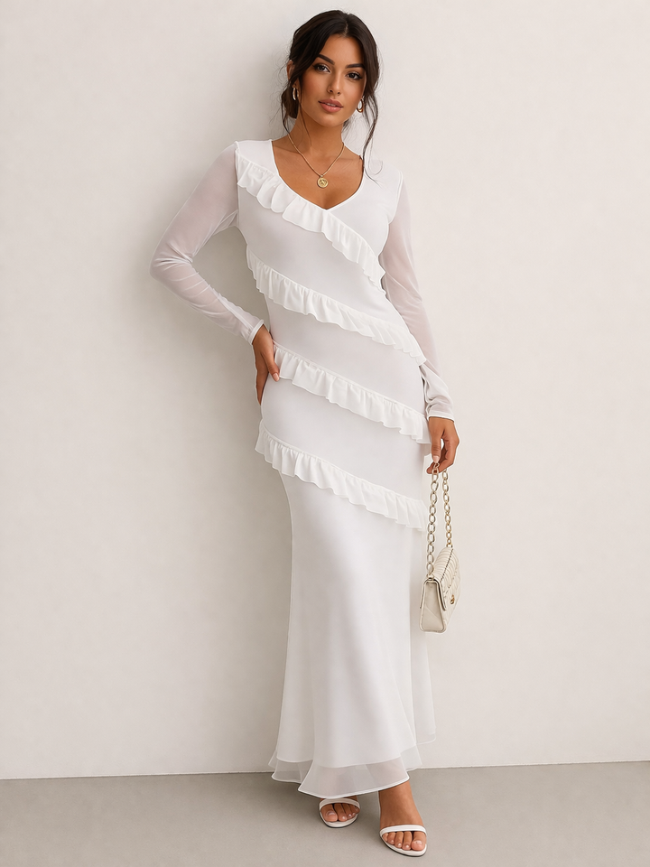Vestido largo mujer manga larga con detalle de volantes ajuste entallado - Victoria