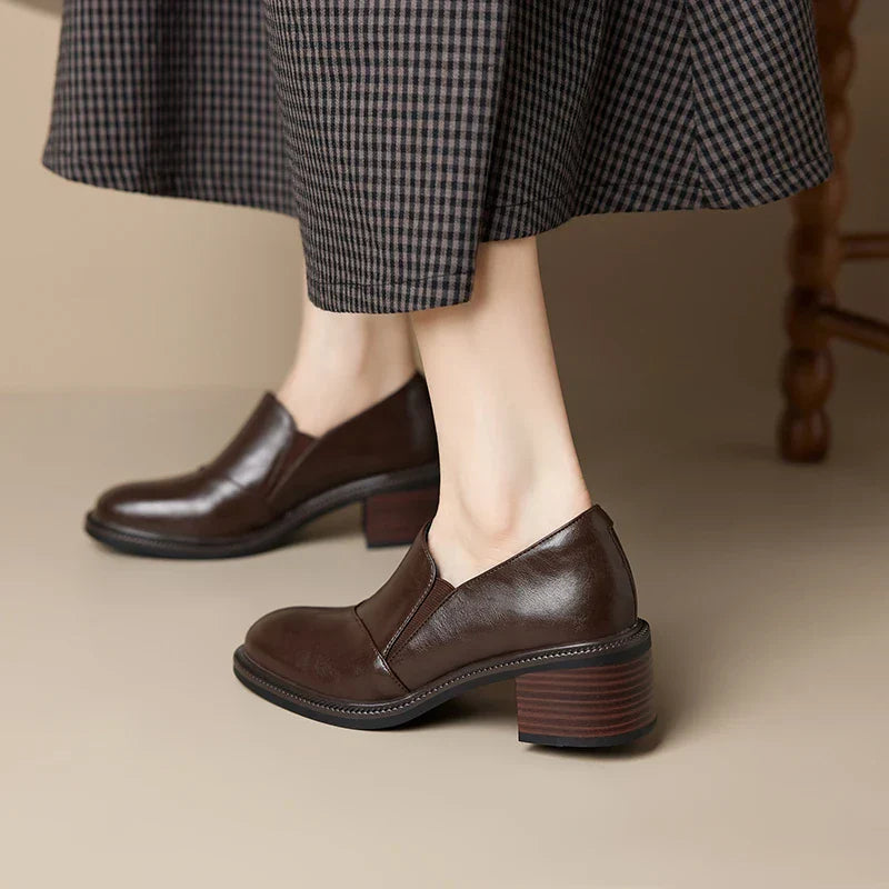 Mocasines de mujer de piel con tacón ancho y punta redonda - Maelle