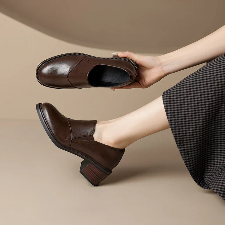 Mocasines de mujer de piel con tacón ancho y punta redonda - Maelle