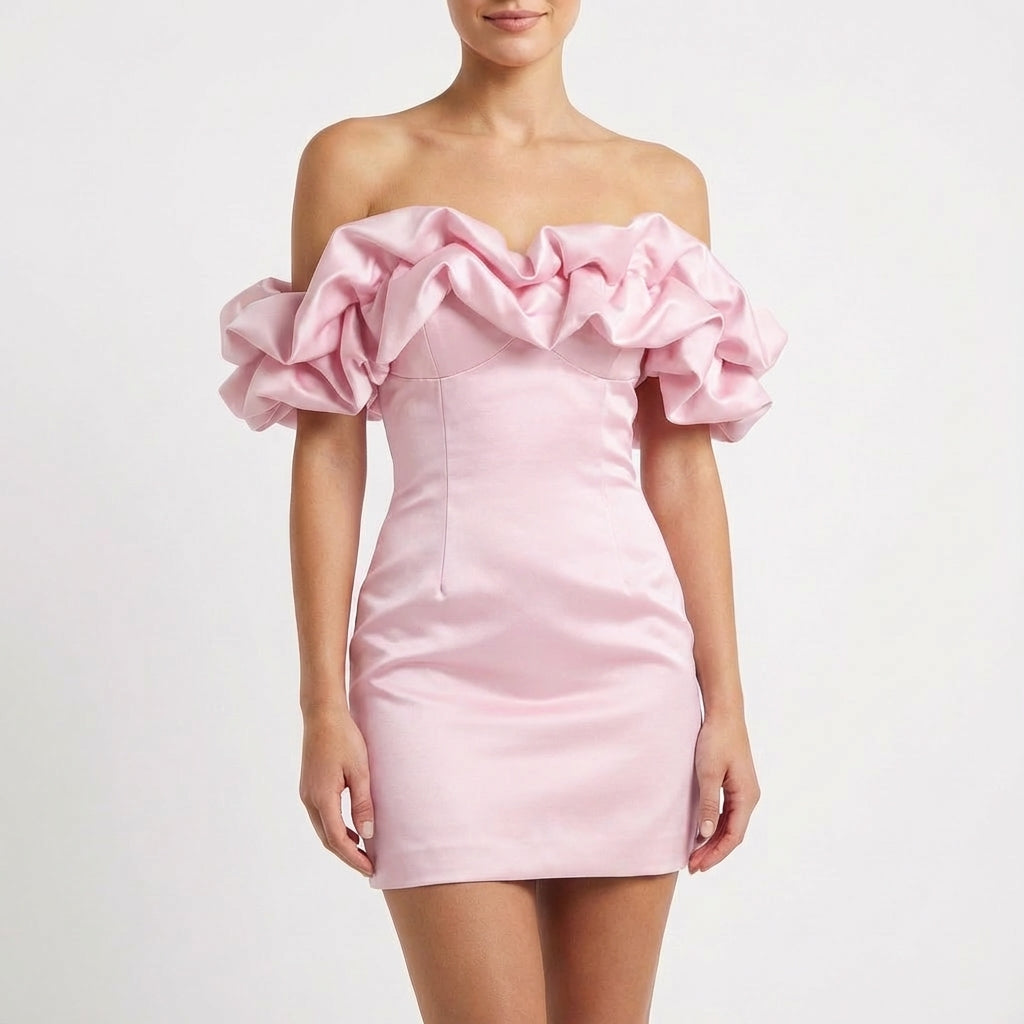 Sofia | Mujer Vestido Mini Con Hombros Descubiertos Y Mangas Volante | Glamuroso
