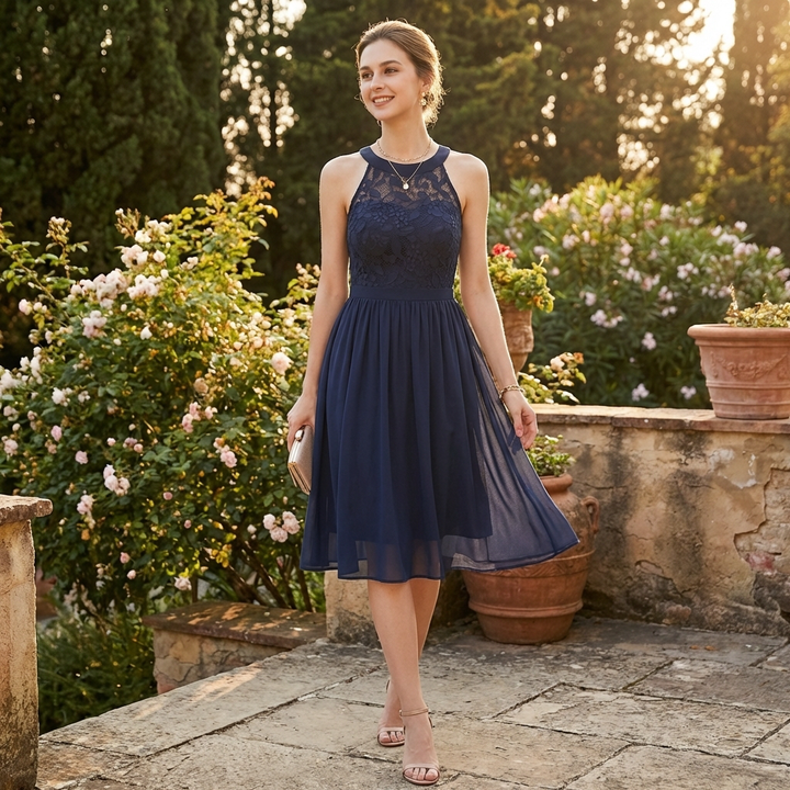 Sofia | Vestido Midi Mujer Con Escote Halter Y Falda Fluida | Elegante