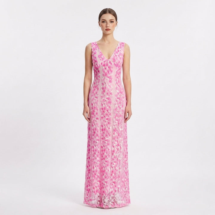 Sofía | Vestido Rosa Maxi Encaje Escote V Sin Mangas Mujer