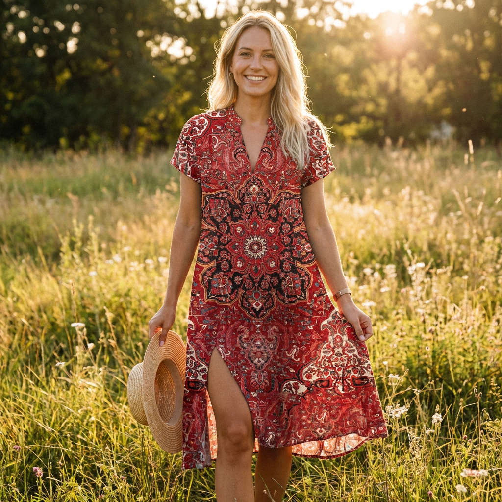 Soraya | Vestido Midi Estampado Escote V Mujer Boho