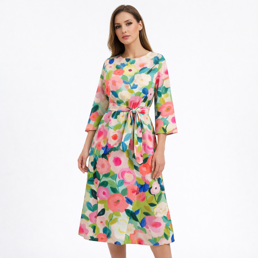Valentina | Vestido Midi Poliéster Degradado con Lazo Mujer