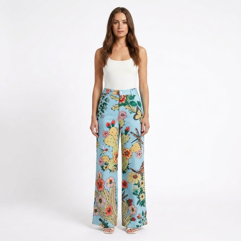Valeria | Pantalón Mujer Con Pernera Ancha Y Diseño Estampado | Casual