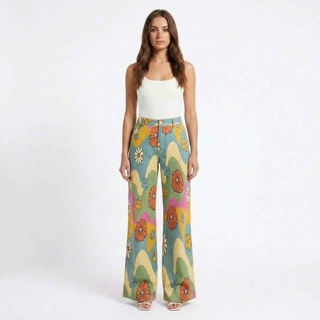 Valeria | Pantalón Mujer Con Pernera Ancha Y Diseño Estampado | Casual
