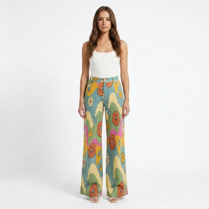 Valeria | Pantalón Mujer Con Pernera Ancha Y Diseño Estampado | Casual