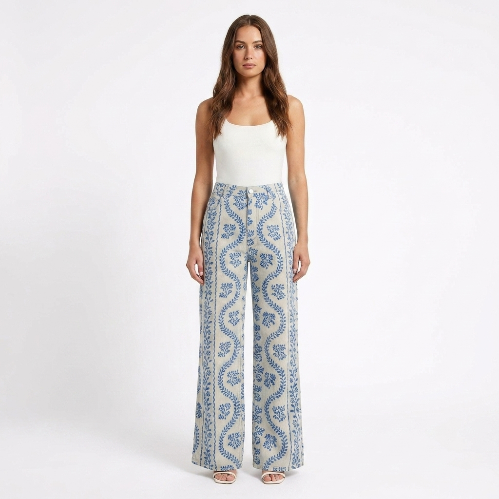 Valeria | Pantalón Mujer Con Pernera Ancha Y Diseño Estampado | Casual
