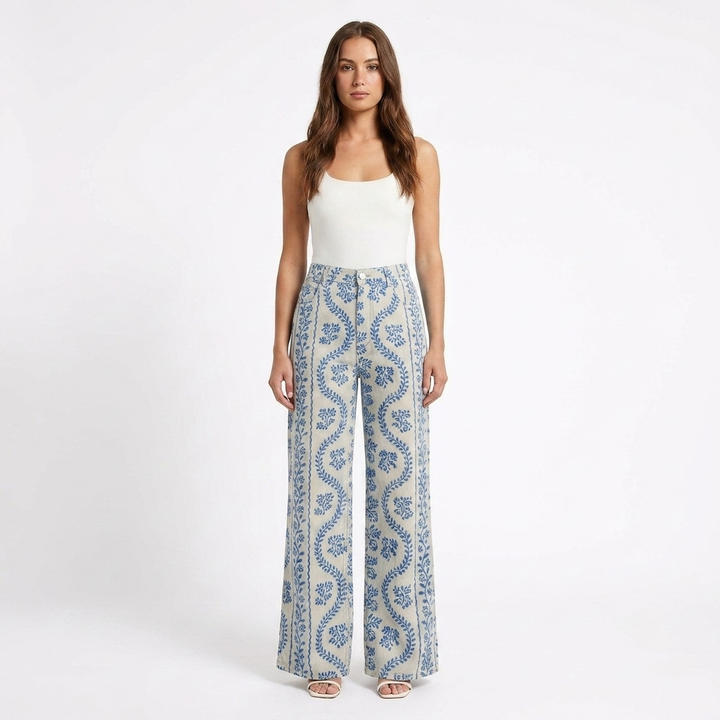 Valeria | Pantalón Mujer Con Pernera Ancha Y Diseño Estampado | Casual
