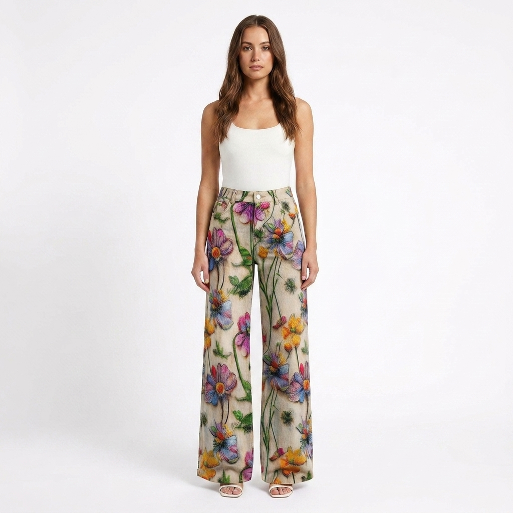 Valeria | Pantalón Mujer Con Pernera Ancha Y Diseño Estampado | Casual