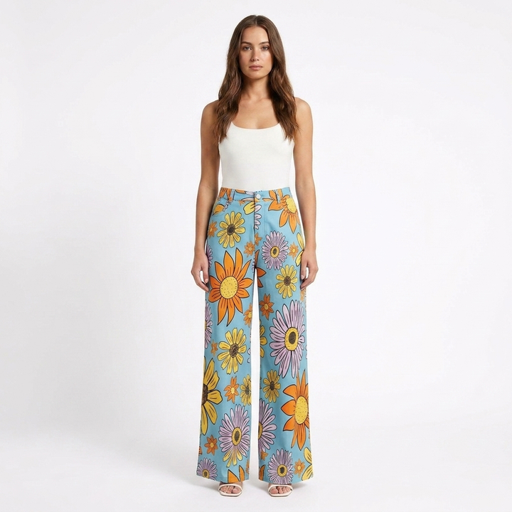 Valeria | Pantalón Mujer Con Pernera Ancha Y Diseño Estampado | Casual