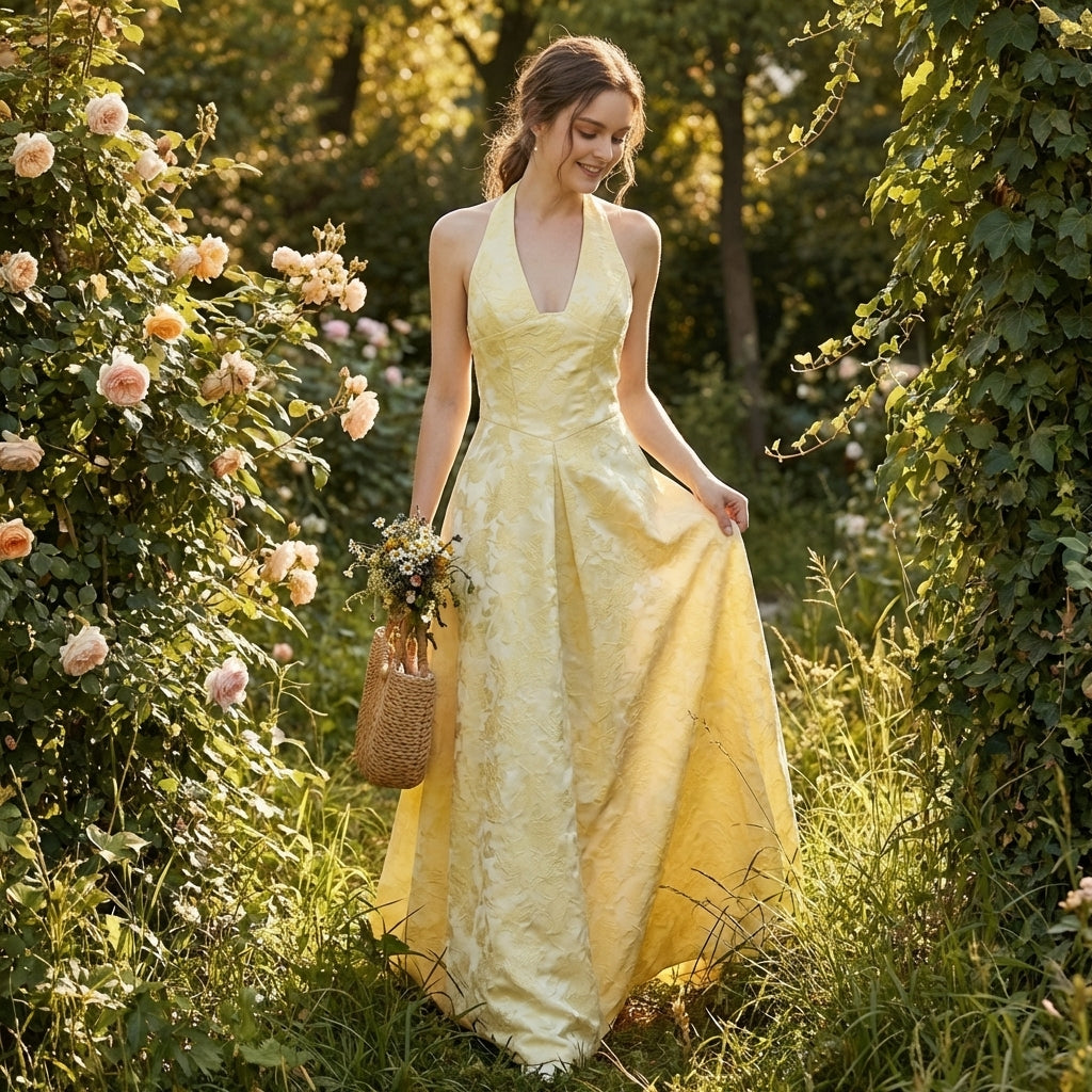 Valeria | Vestido Largo Halter Jacquard Floral Elegante Mujer