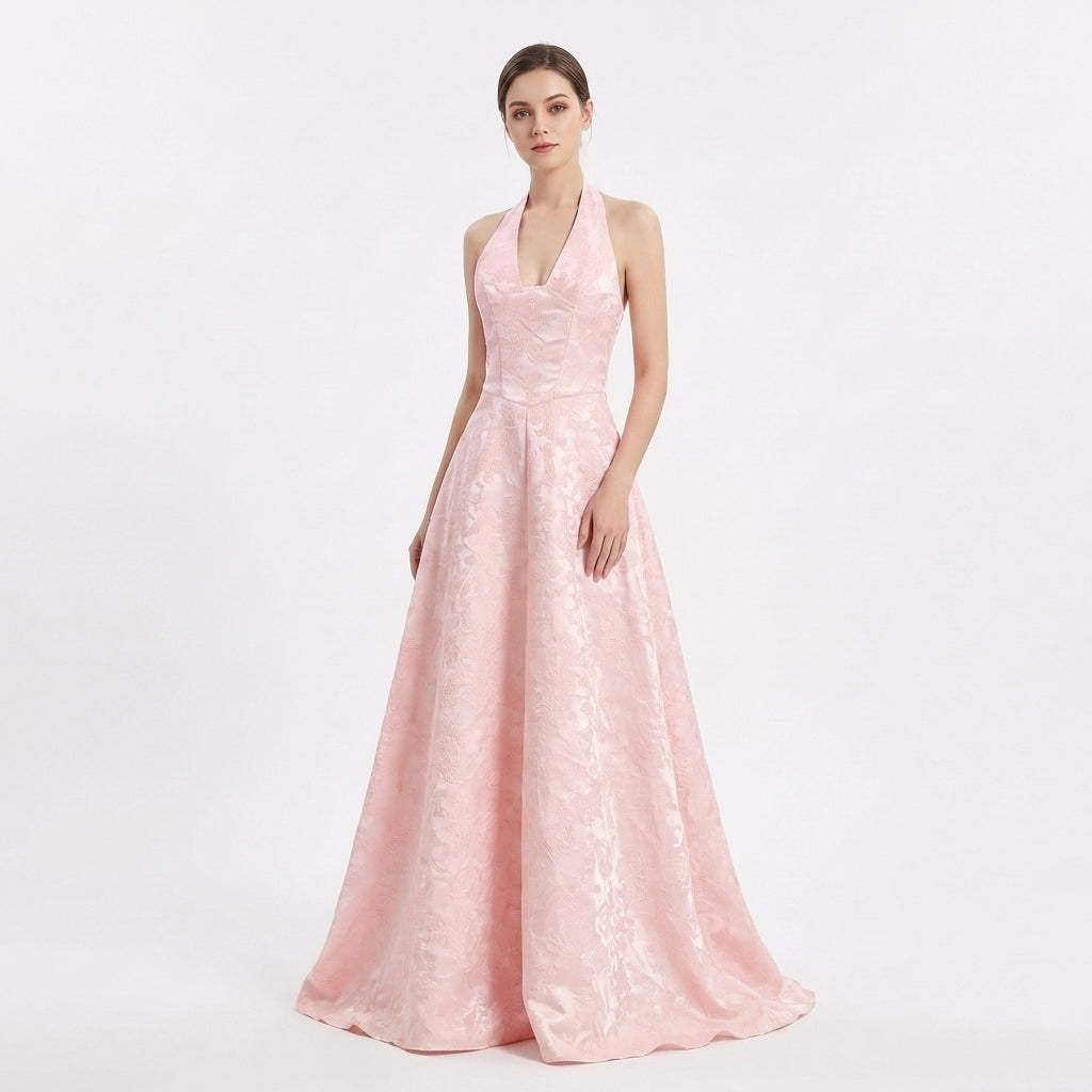 Valeria | Vestido Largo Halter Jacquard Floral Elegante Mujer