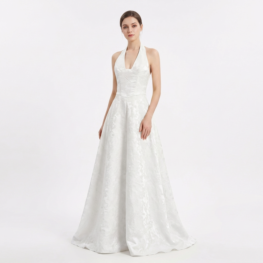 Valeria | Vestido Largo Halter Jacquard Floral Elegante Mujer