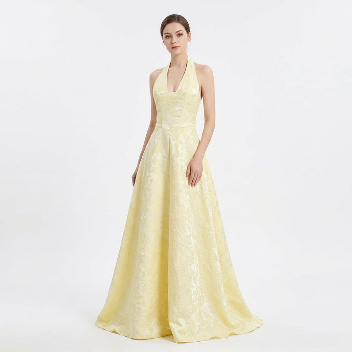 Valeria | Vestido Largo Halter Jacquard Floral Elegante Mujer