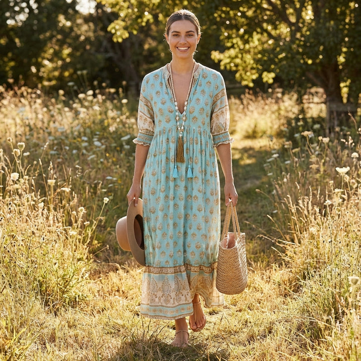 Zahara | Vestido Largo Estampado con Borlas Mujer Boho