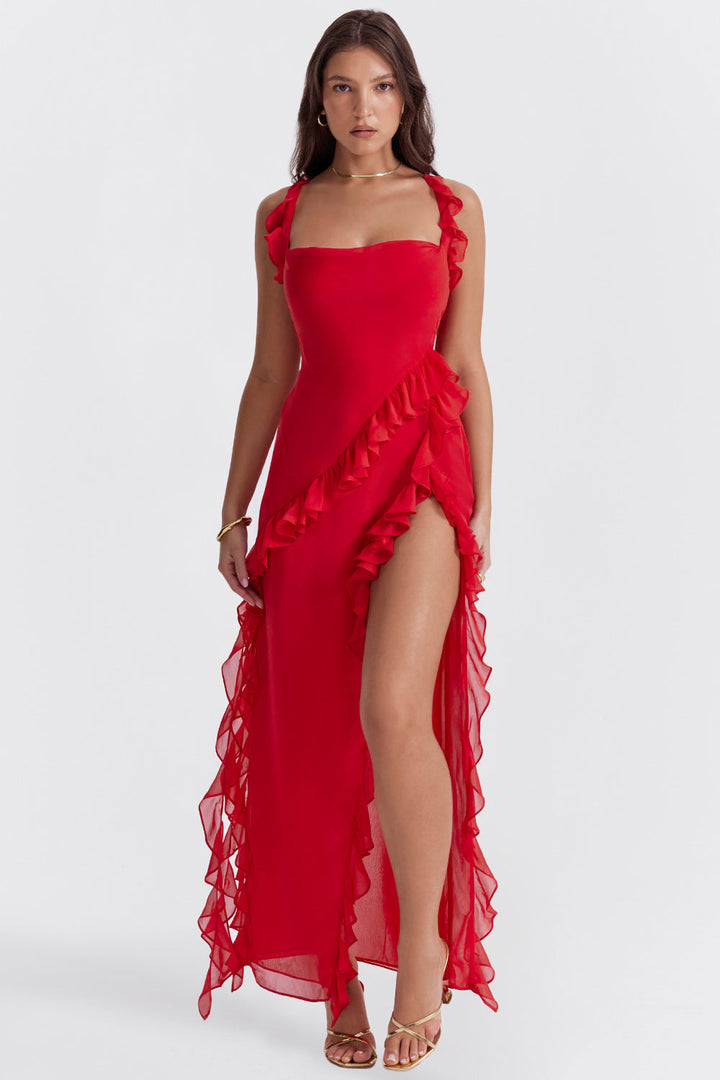 Vestido largo con abertura y volantes para fiesta para mujer - Agathe