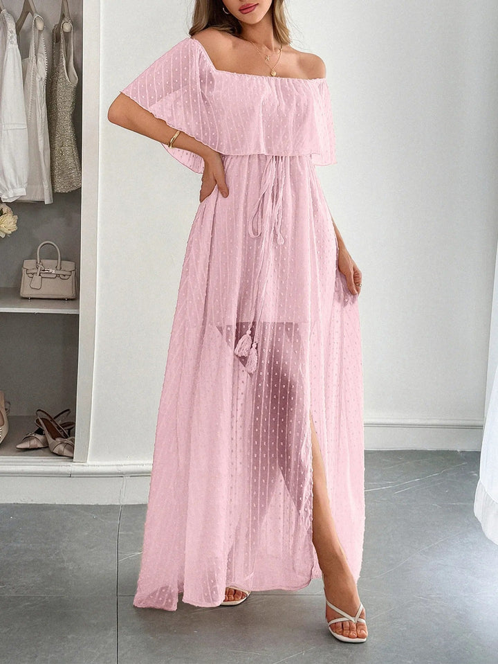 Vestido largo mujer gasa plumeti escote bardot - Julieta