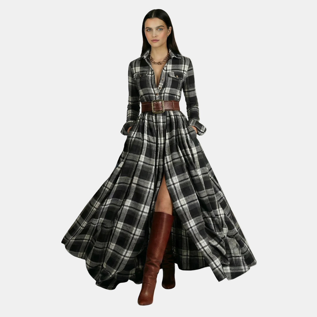 Vestido retro de mujer - Manga larga y cinturón