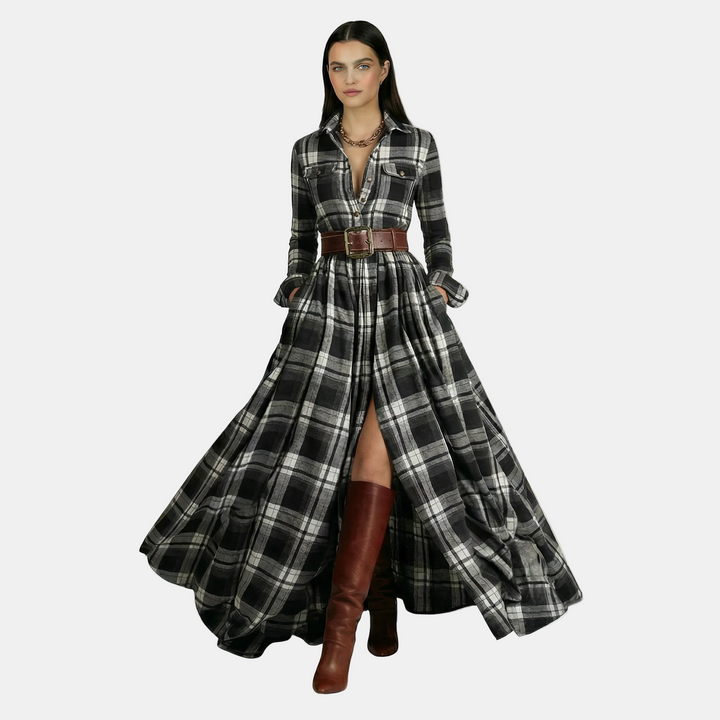Vestido retro de mujer - Manga larga y cinturón