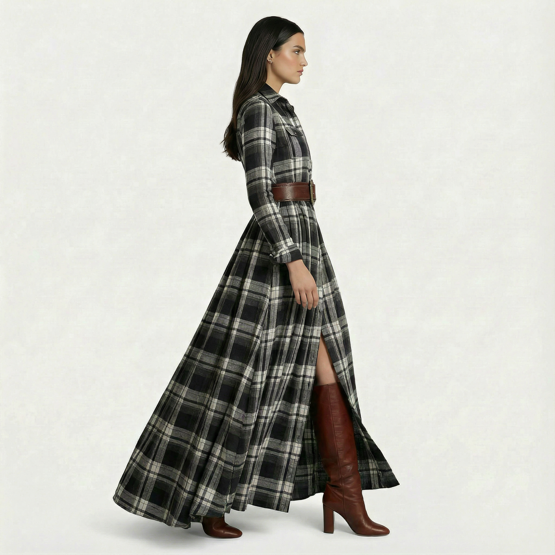 Vestido retro de mujer - Manga larga y cinturón