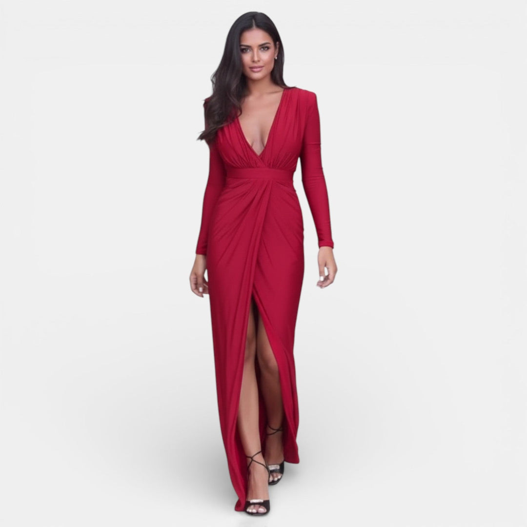 Vestido Largo Rojo Mujer Cuello en V