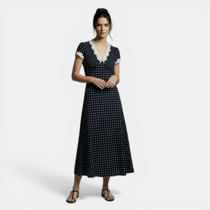 Vestido Largo de Mujer Lunares Elegante con Escote en V