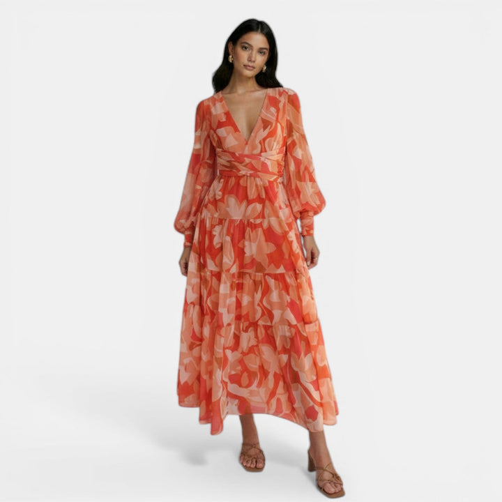Vestido Largo Mujer Primavera con Estampado y Escote V
