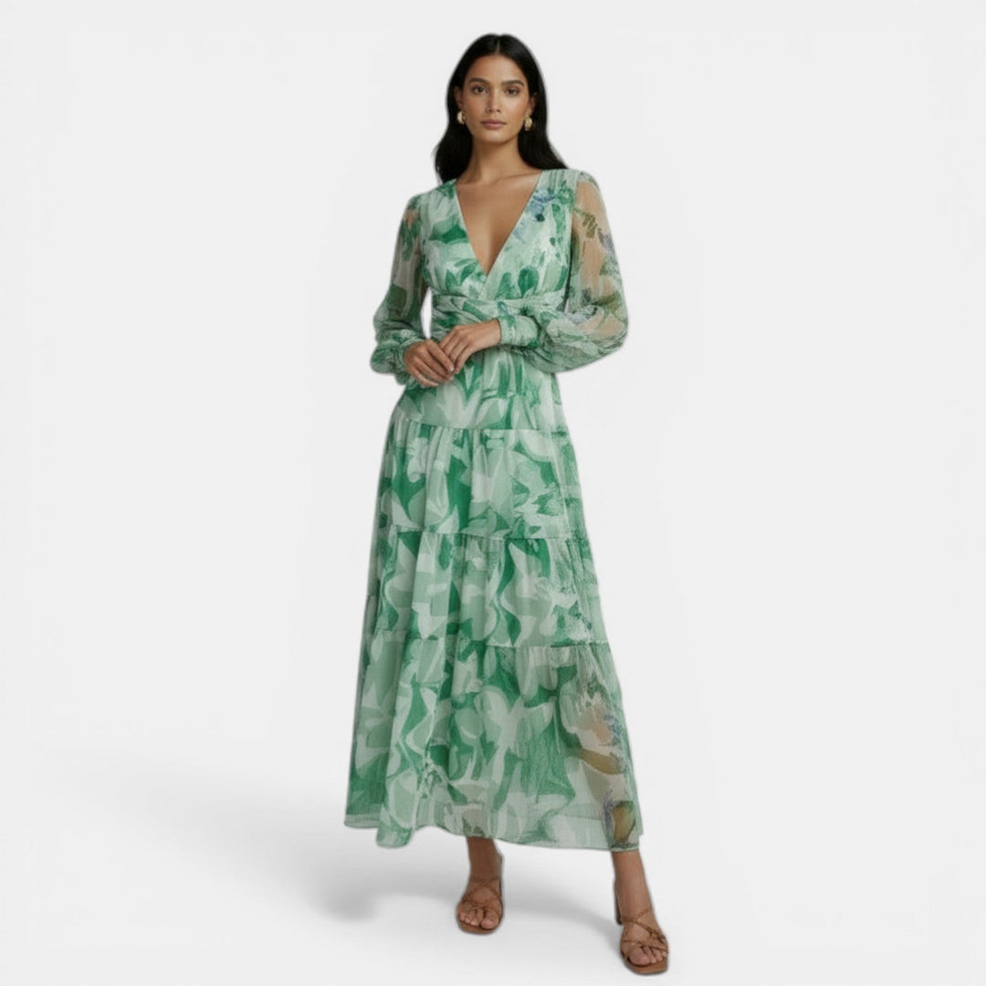 Vestido Largo Mujer Primavera con Estampado y Escote V