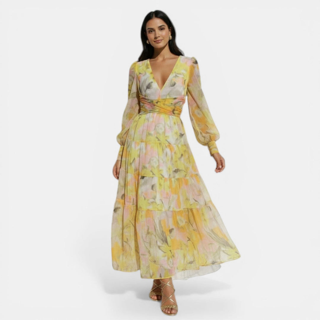 Vestido Largo Mujer Primavera con Estampado y Escote V