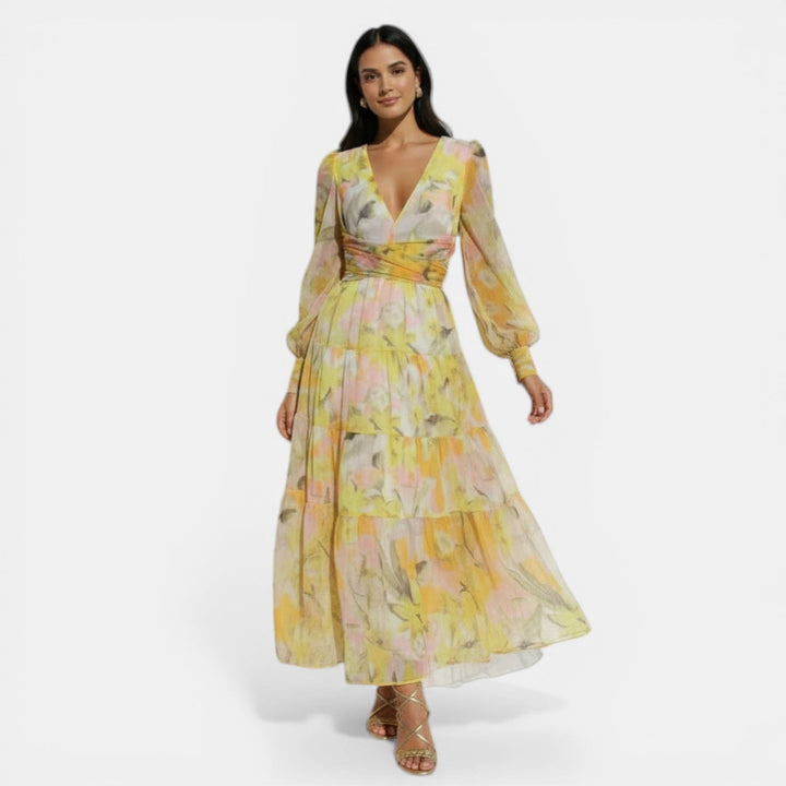 Vestido Largo Mujer Primavera con Estampado y Escote V