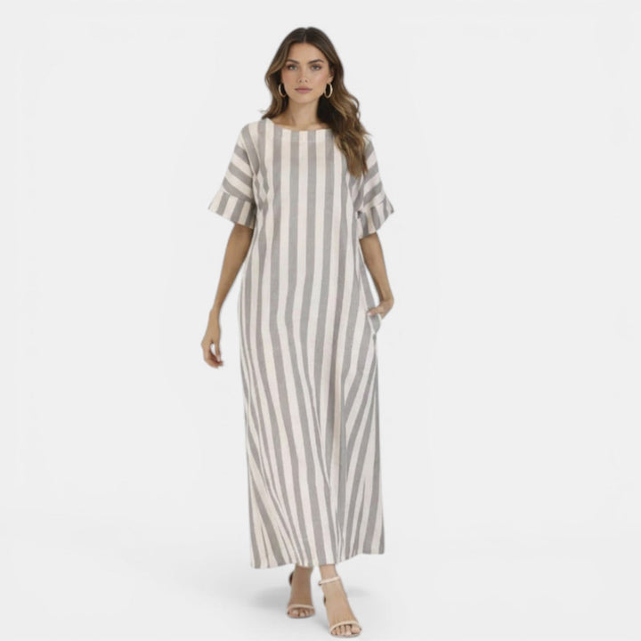 Vestido Midi Mujer Algodón Lino Rayas