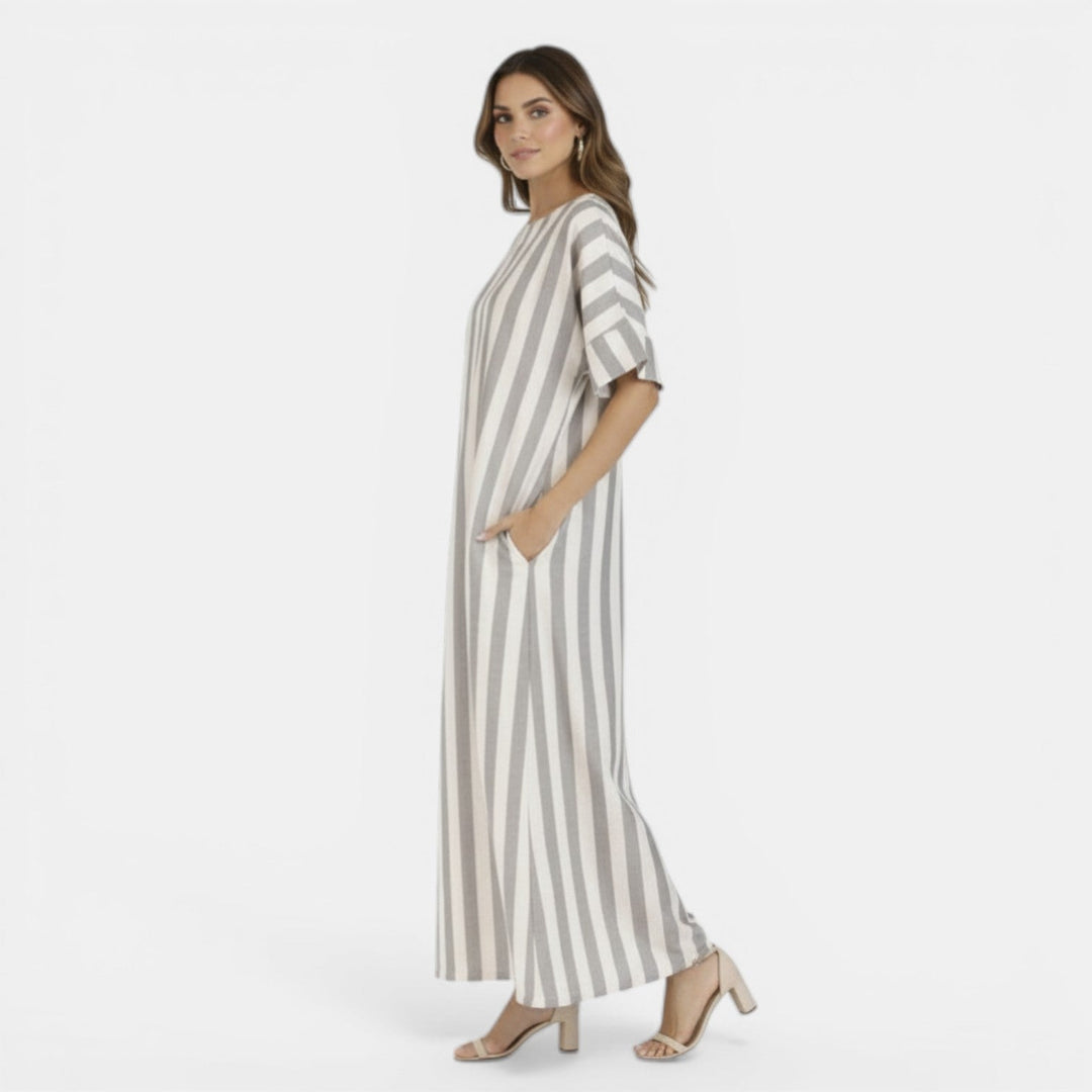 Vestido Midi Mujer Algodón Lino Rayas