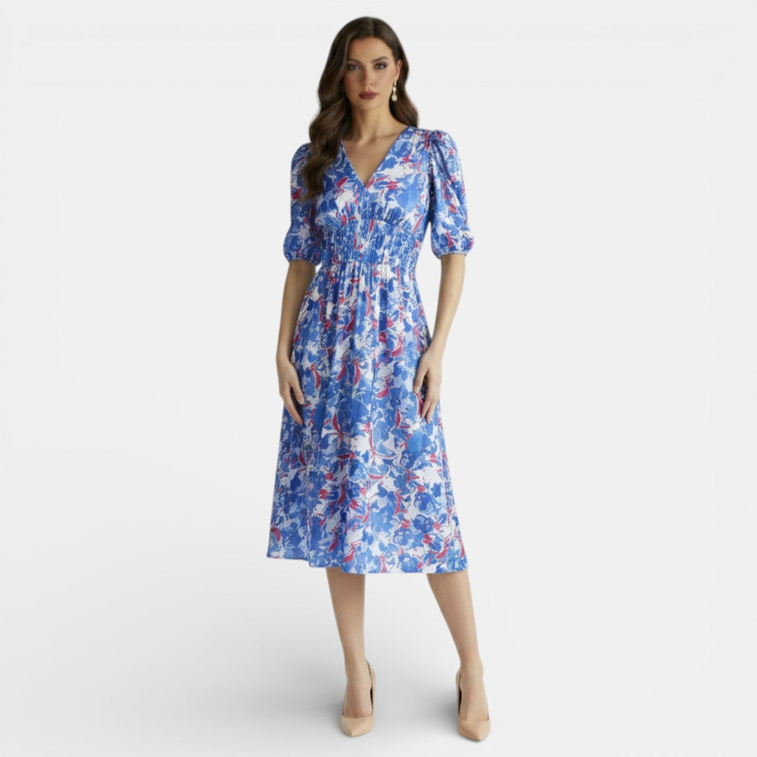 Vestido Midi Floral Mujer Cuello V Ajustado
