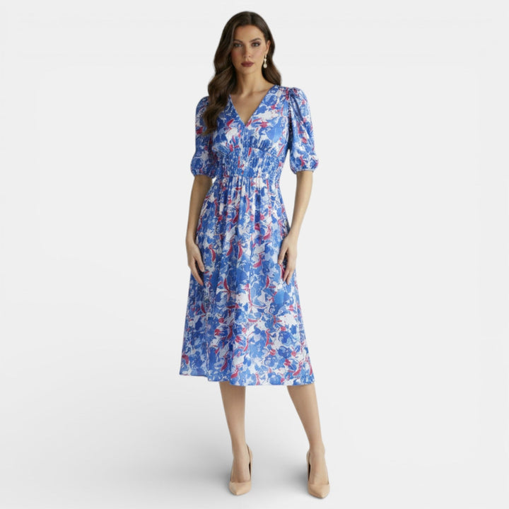 Vestido Midi Floral Mujer Cuello V Ajustado