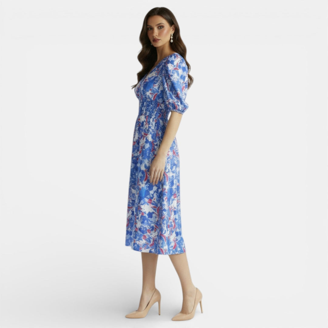 Vestido Midi Floral Mujer Cuello V Ajustado