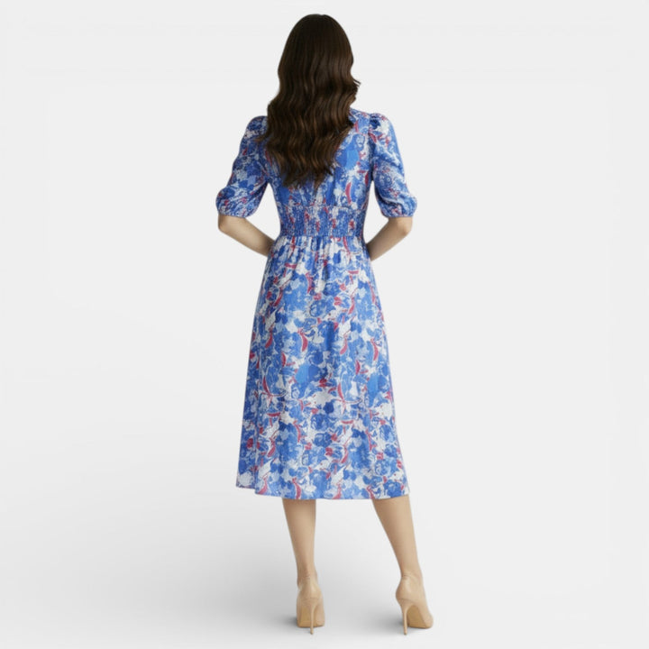 Vestido Midi Floral Mujer Cuello V Ajustado