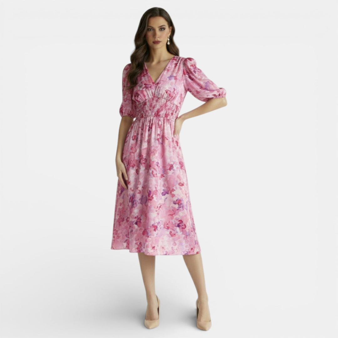 Vestido Midi Floral Mujer Cuello V Ajustado