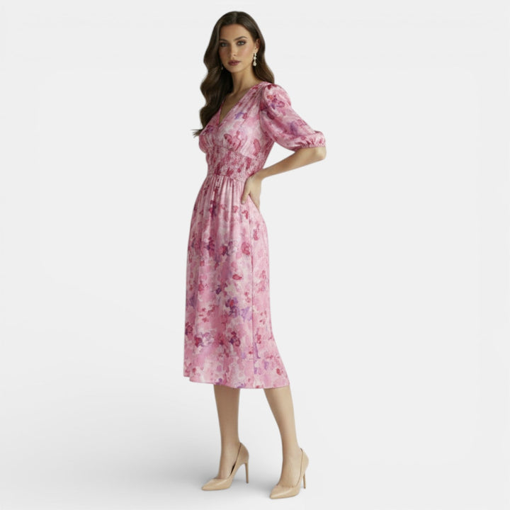 Vestido Midi Floral Mujer Cuello V Ajustado