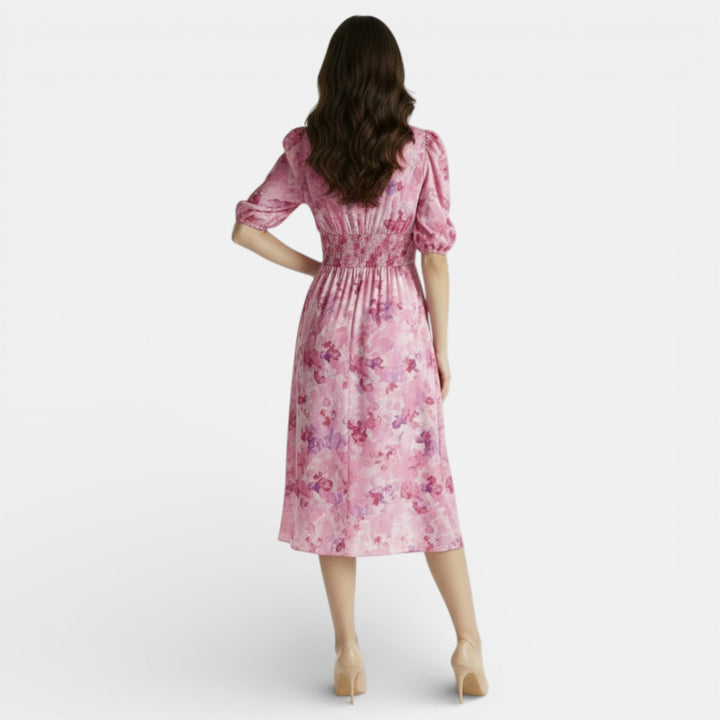 Vestido Midi Floral Mujer Cuello V Ajustado