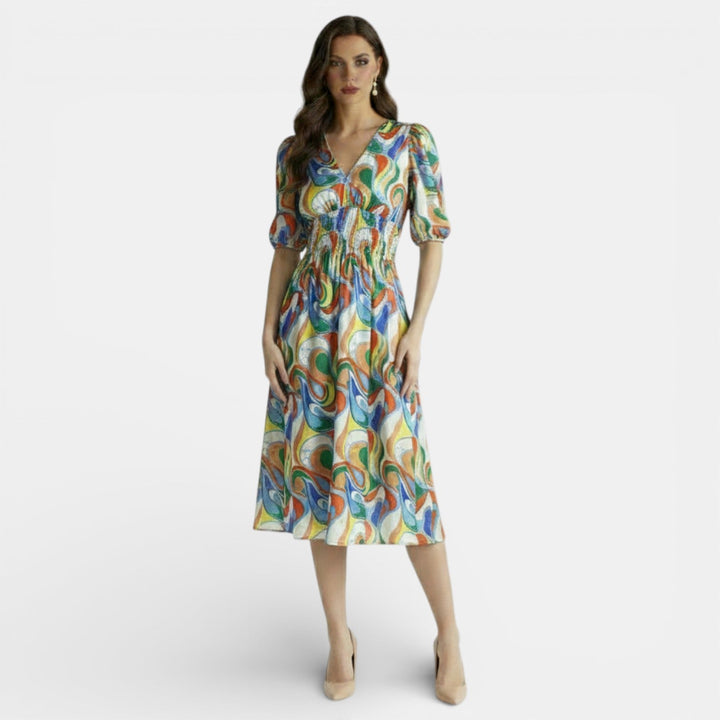 Vestido Midi Floral Mujer Cuello V Ajustado