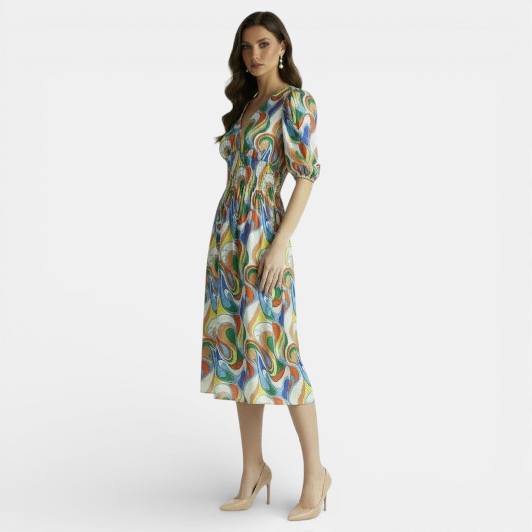 Vestido Midi Floral Mujer Cuello V Ajustado