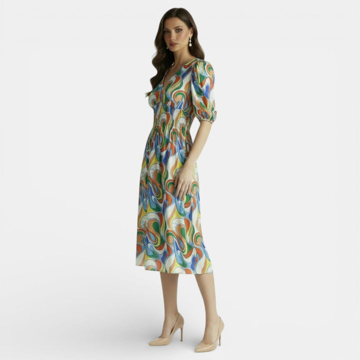Vestido Midi Floral Mujer Cuello V Ajustado