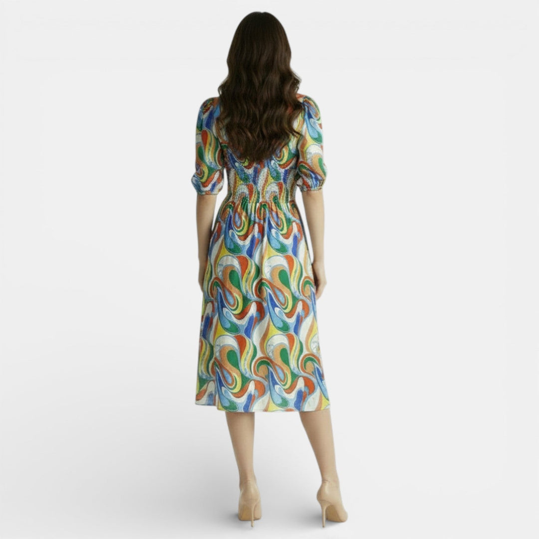 Vestido Midi Floral Mujer Cuello V Ajustado