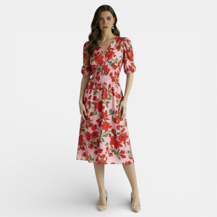 Vestido Midi Floral Mujer Cuello V Ajustado