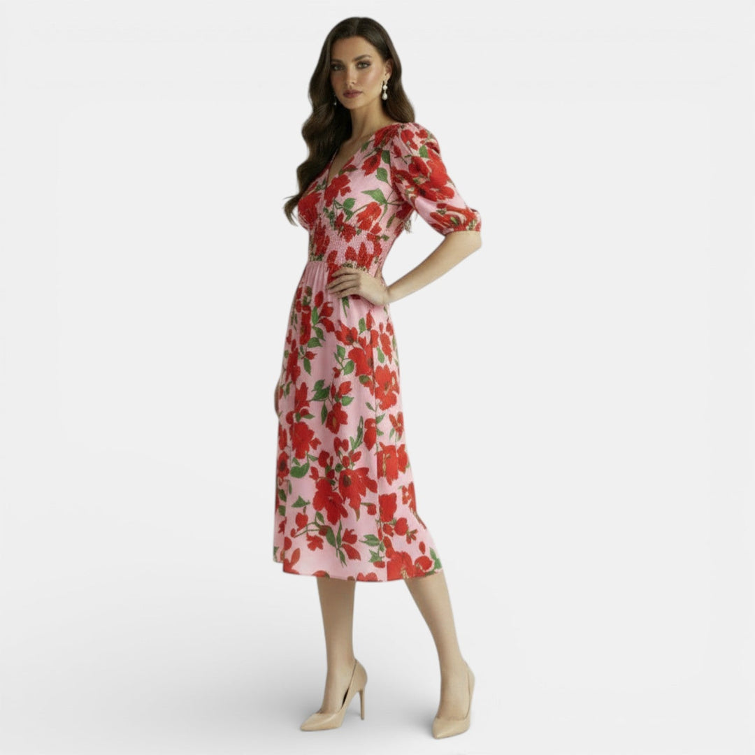 Vestido Midi Floral Mujer Cuello V Ajustado